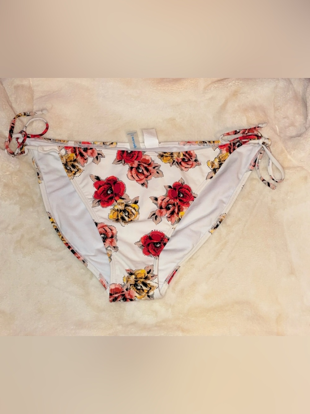Floral Tie-Side Bikini Bottoms - White with Red & Yellow Roses